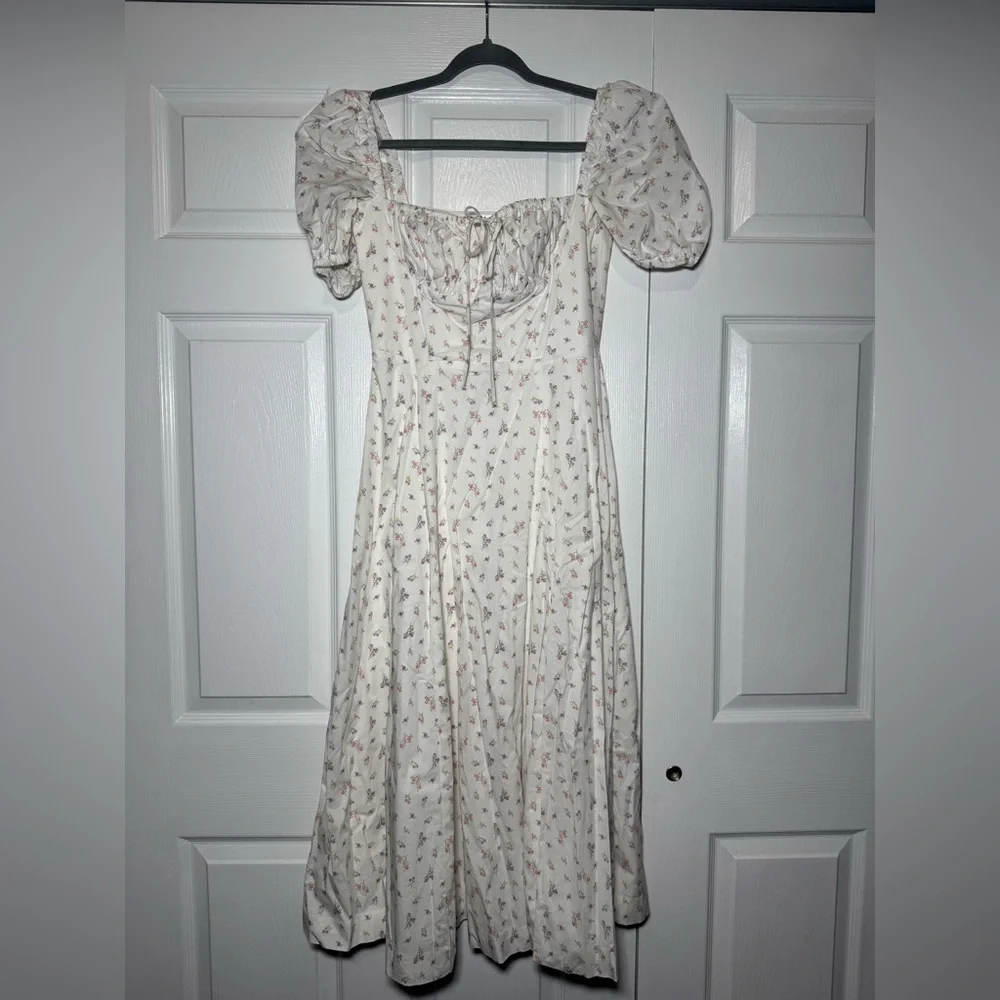 House of CB White Floral Square-Neck Midi Dress with Puff Sleeves - Picture 2 of 2